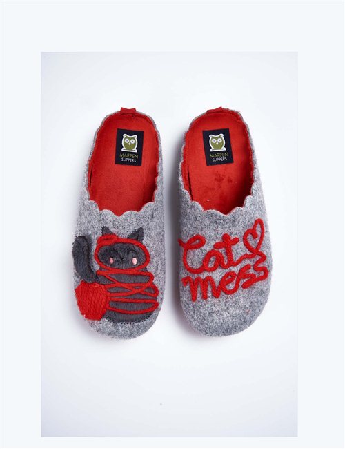 Zapatillas de Casa Marpen Slippers Gato Gris Rojo