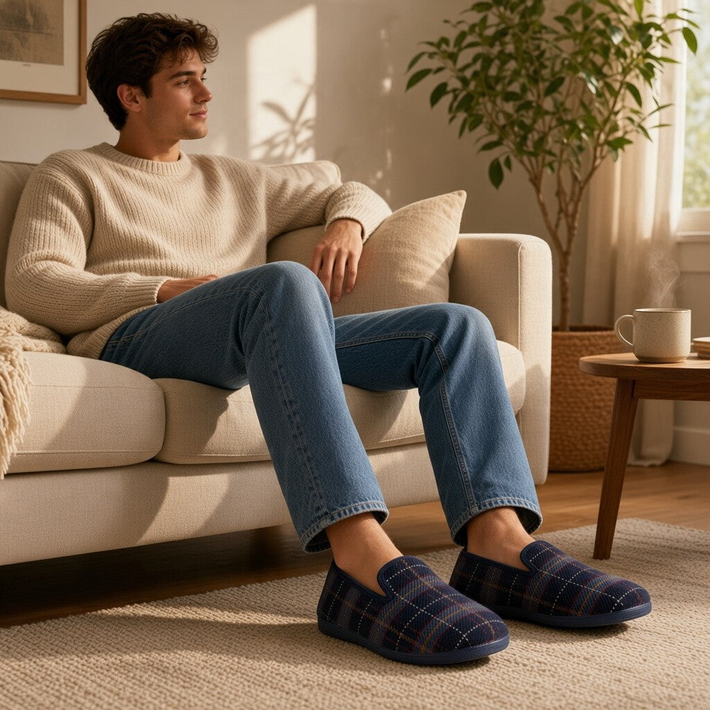 Zapatillas de casa La Valenciana Cuadros 403 marino con lana natural