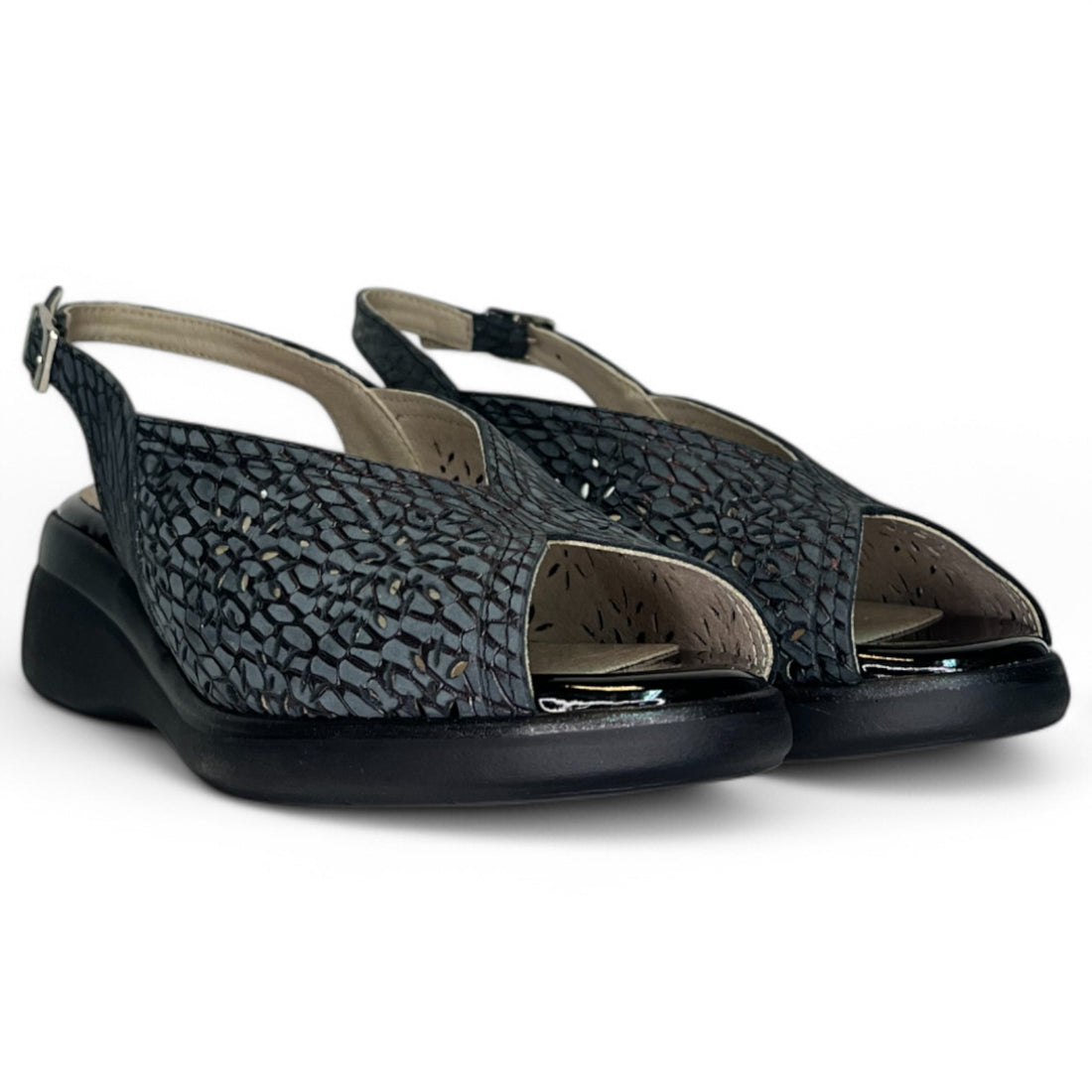 Sandalias Pitillos Piel Troquelada Cuña 10342 Negro - imagen 3