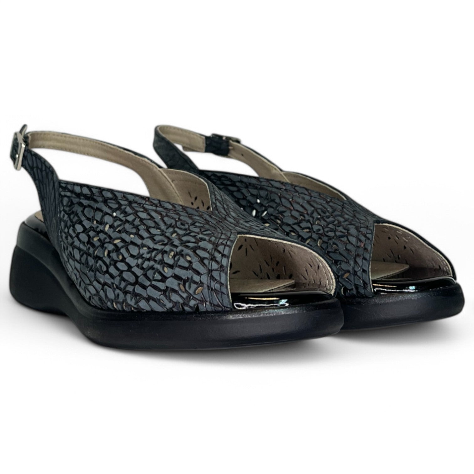 Sandalias Pitillos Piel Troquelada Cuña 10342 Negro - imagen 3