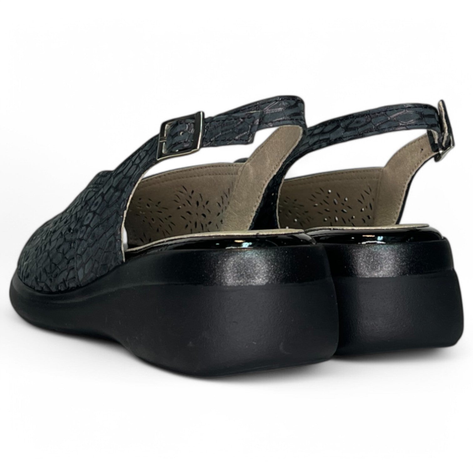 Sandalias Pitillos Piel Troquelada Cuña 10342 Negro - imagen 6