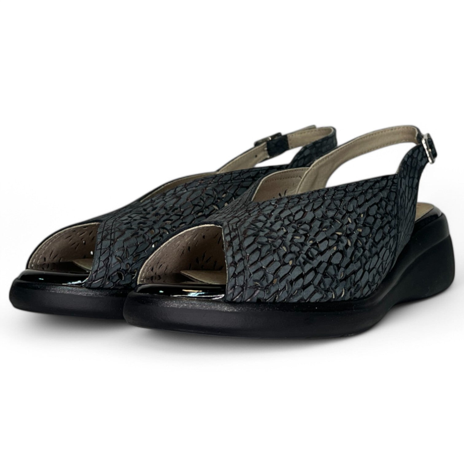 Sandalias Pitillos Piel Troquelada Cuña 10342 Negro - imagen 5