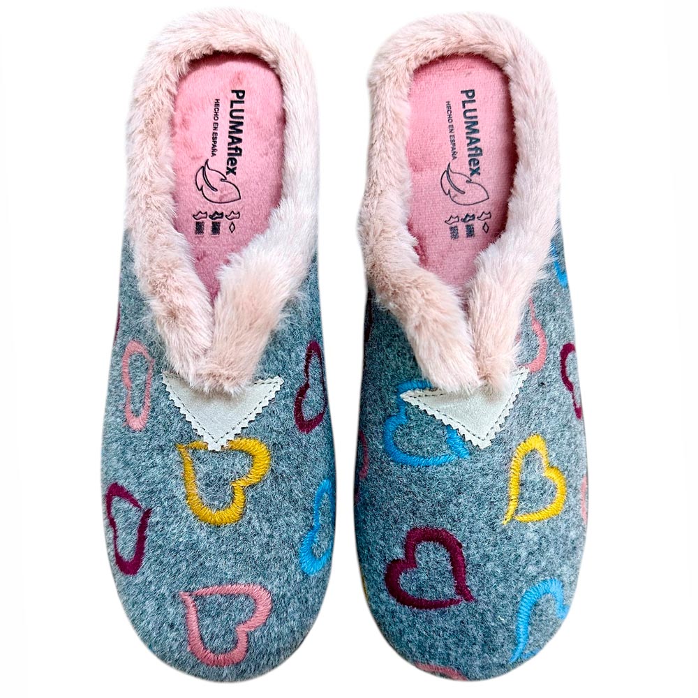 Zapatillas de Casa Plumaflex Corazones Bordados 12023 Gris - imagen 1